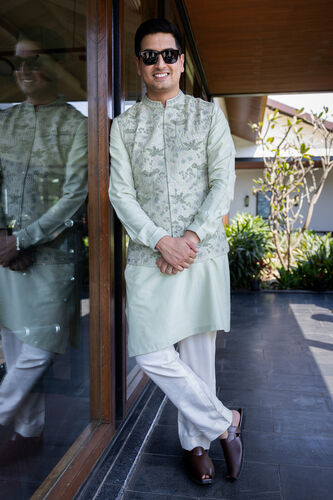 The Greens Embroidered Nehru Jacket Set - Sage Green, , image 1